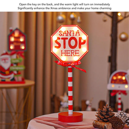 Santa Stop Here Sign Desktop Lamp with LED Warm Light Suitable for Xmas Ambience Santa Stop Here Pole Sign