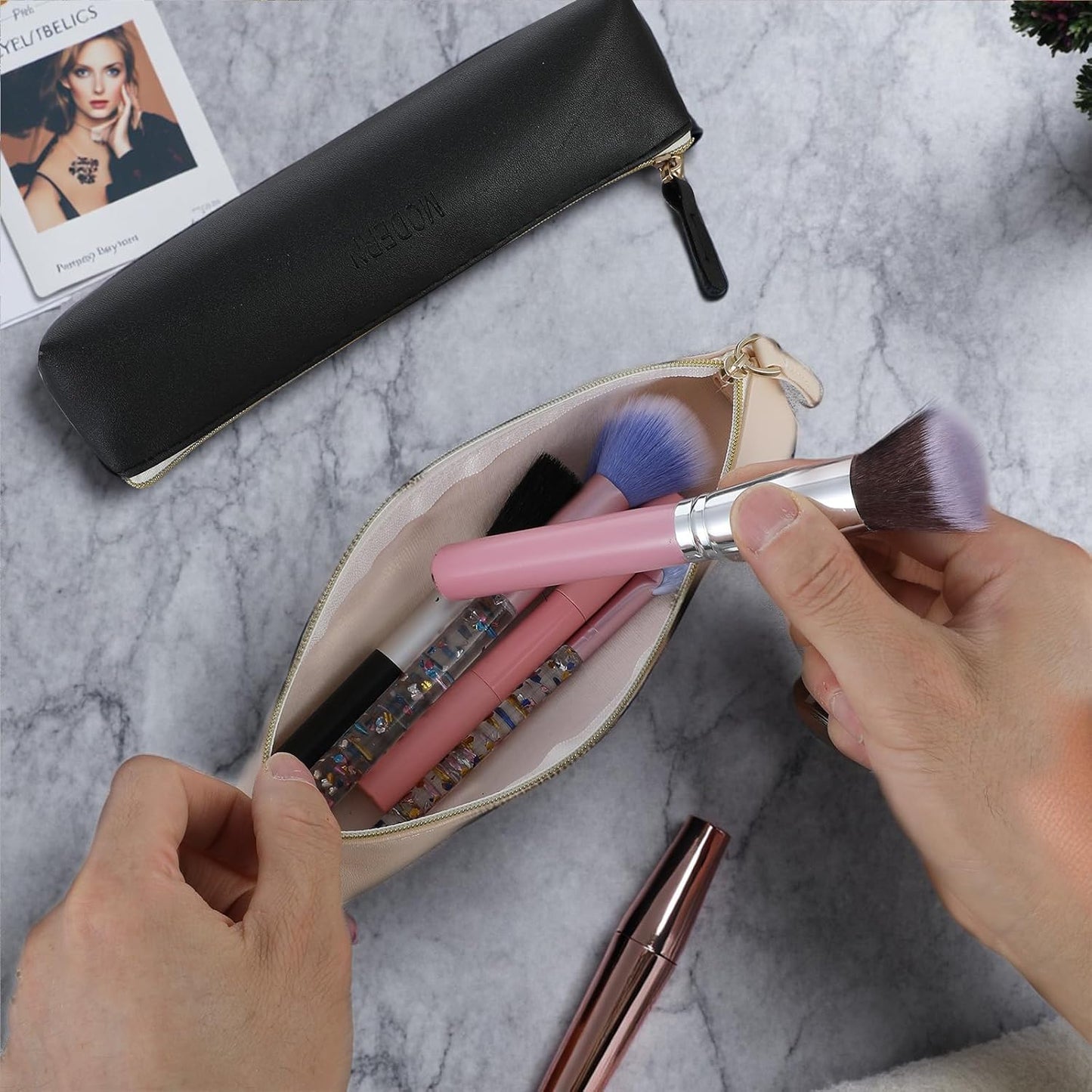 2 Pcs Small Makeup Bag Waterproof Zipper Cosmetic Bag Portable Leather Pouch Lipstick Coin Purse Case Travel Makeup Accessories Storage Cute Cosmetic Brush Organizer for Women Girls