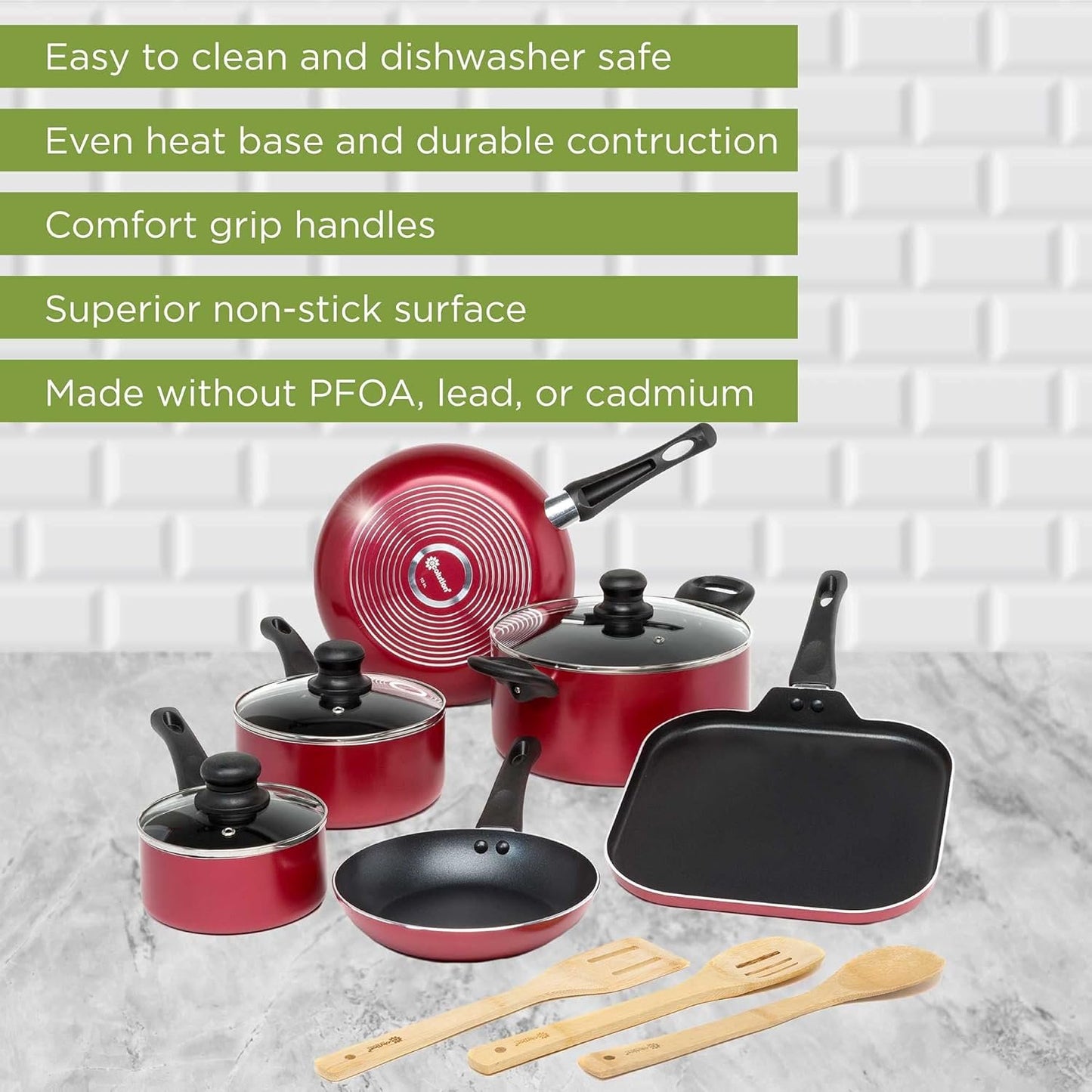 Ecolution Easy Clean Nonstick Cookware Set, Features Kitchen Essentials, Bamboo Cooking Utensils Set, Vented Glass Lids, Ergonomic Grip Handles, Made Without PFOA, Dishwasher Safe, 12-Piece, Red