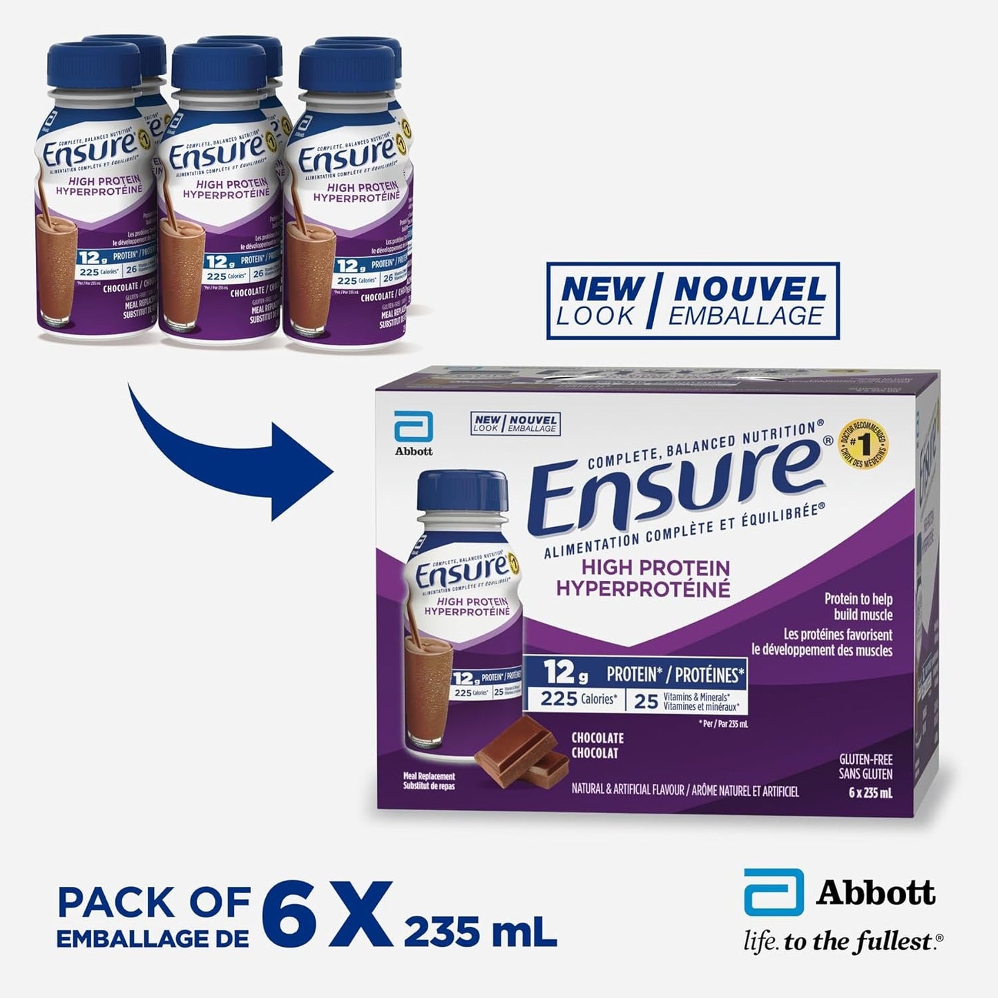 Ensure High Protein 12 g, Meal Replacement Shakes, Protein Shakes With Protein To Help Build Muscle, Chocolate, 6 x 235-mL Bottles