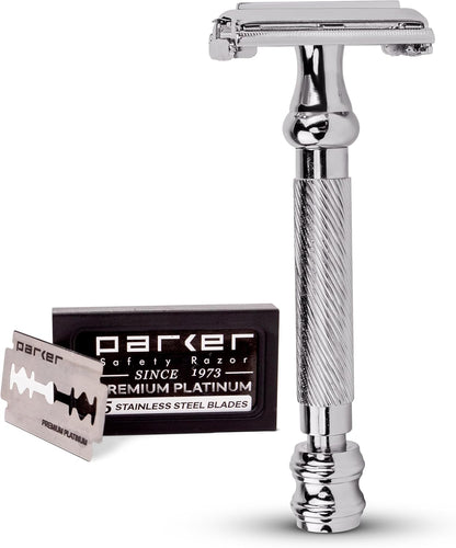 Parker 99R Chrome Long Handle Heavyweight Butterfly Open Double Edge Safety Razor for Men, 5 Parker Premium Platinum Double Edge Razor Blades Included