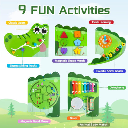 HELLOWOOD Crocodile Activity Wall Panels, 9-in-1 Wall-Mounted Crocodile Busy Board Wooden Montessori Educational Sensory Board Playroom Wall Toys Daycare Learning Toy for Girls Boysâ€¦