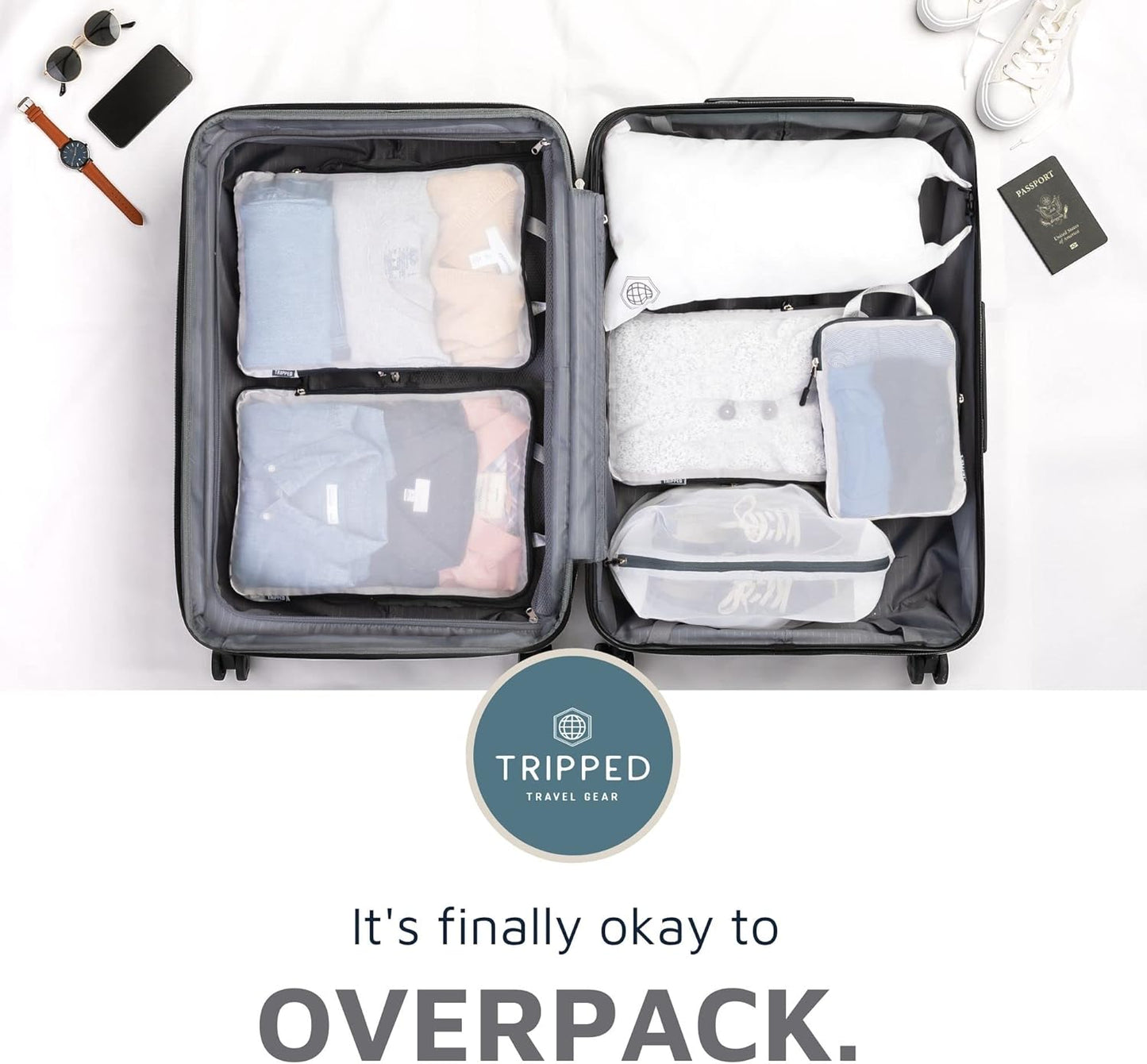 Large Packing Cube Set with See Through Mesh- Compression Packing Cubes Travel Organizers (White)