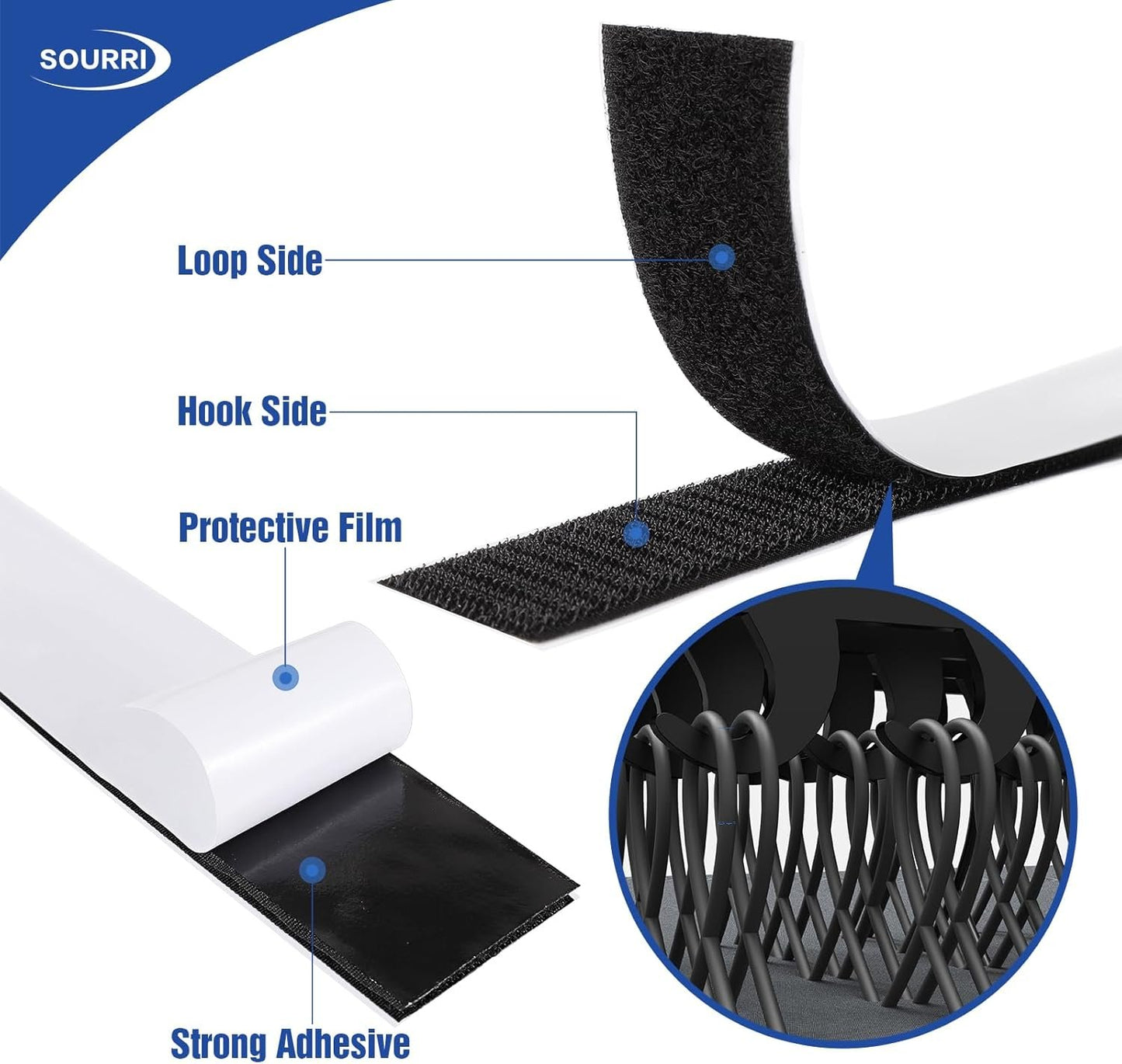 SOURRI 1 In x 82 Feet Hook and Loop Tape Sticky Back Fastener Roll, Nylon Self Adhesive Heavy Duty Strips Fastener for Home Office School Car and Crafting Organization