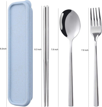 Sunwinc 3 Pcs Camping Silverware,Stainless Steel Travel Outdoor Flatware Set Chopsticks Spoon Fork/Portable Travel Work Utensils Cutlery Set with a Wheat Straw Case