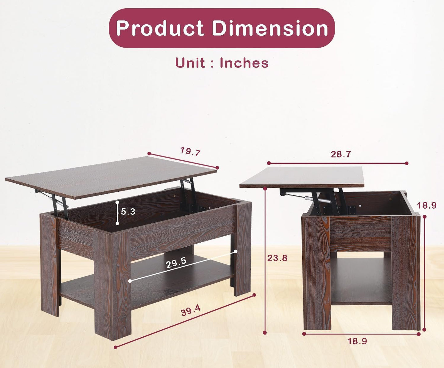 Lift Top Coffee Table w/Hidden Compartment and Storage Shelf,Retro Wooden Lift Tabletop Dining Table Multifunctional Wood Working Table for Living Room Office Reception Room,39.4in L,Espresso