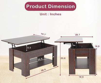 Lift Top Coffee Table w/Hidden Compartment and Storage Shelf,Retro Wooden Lift Tabletop Dining Table Multifunctional Wood Working Table for Living Room Office Reception Room,39.4in L,Espresso