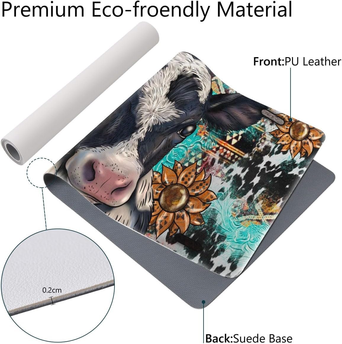 Cow Sunflowers Large Mouse Pad, PU Leather Desk Pad Protector, Non-Slip Computer Desk Writing Mat, Gaming Keyboard Mouse Pad, Office Desk Accessories