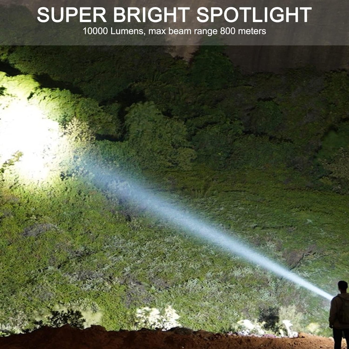 Super Bright LED Handheld Spotlight Flashlight Rechargeable 10000mAh 10000 Lumens Long Lasting Spot Light Waterproof Tactical Torch, 6 Light Modes Side Floodlight, USB Output PowerBank