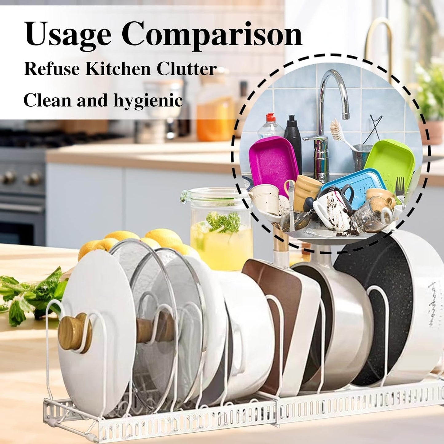 YYBD Pots and Pans Organizer Expandable Pot Rack Organizer Holder with 10 Adjustable Compartment Kitchen Cabinet Cookware Storage Rack for Cutting Board Cast-iron Pan Baking Frying Bakeware, White