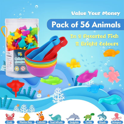 JMANNI Colour Sorting Montessori Toys, Colourful Sea Creatures Counting Educational Toys with Bowls and Tongs, Learning Toys for 3 4 5+ Year Olds Toddlers