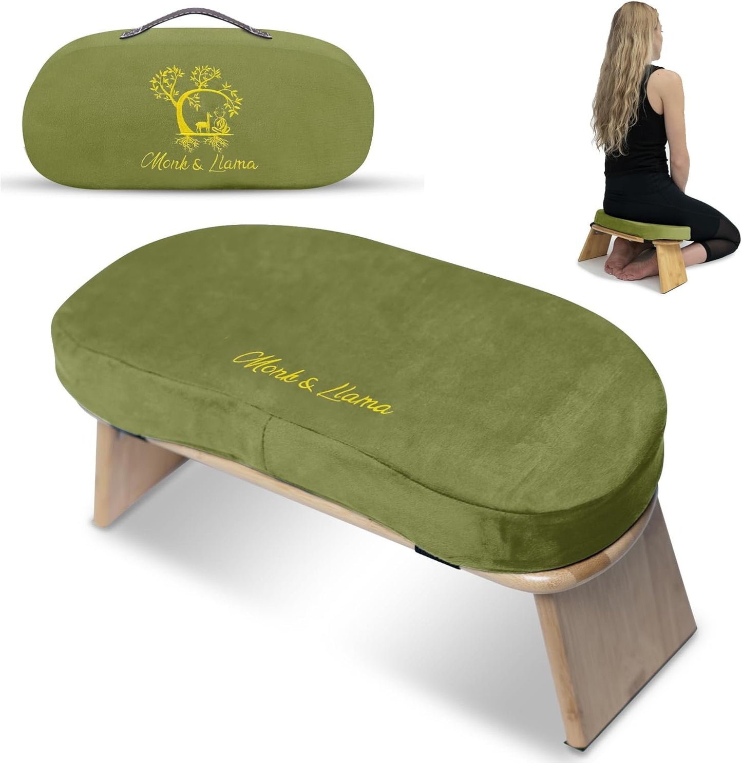 MONK & LLAMA Meditation Bench - Kneeling Bamboo Bench with Foldable Legs & Cushion — Kneeling Stool Ergonomic Bamboo Yoga Bench for Extended