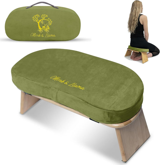 MONK & LLAMA Meditation Bench - Kneeling Bamboo Bench with Foldable Legs & Cushion — Kneeling Stool Ergonomic Bamboo Yoga Bench for Extended