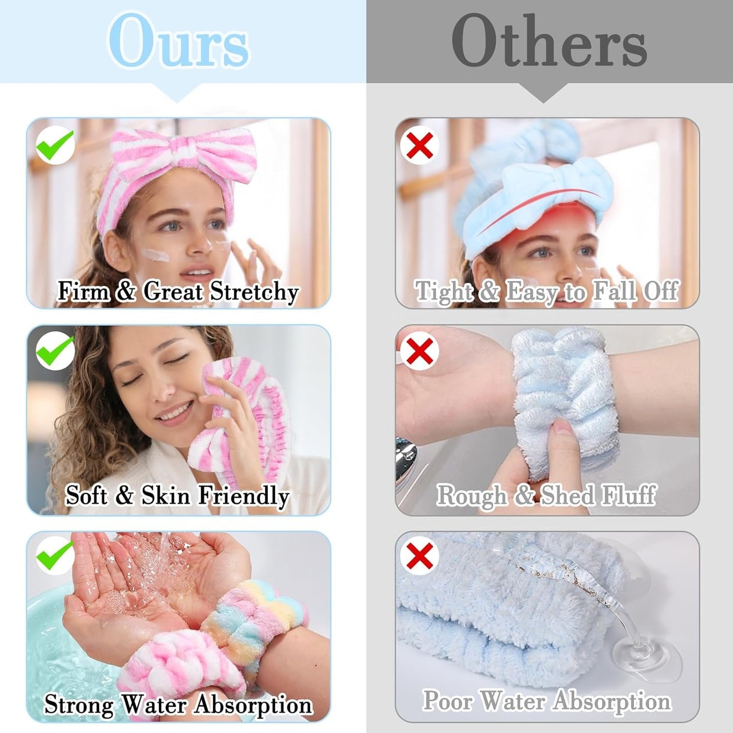 9PCS Spa Headband Kit for Women & Girls: Bowknot Makeup Headbands with Wristbands for Face Skincare, Bathing, Yoga (Pink, Blue, White)