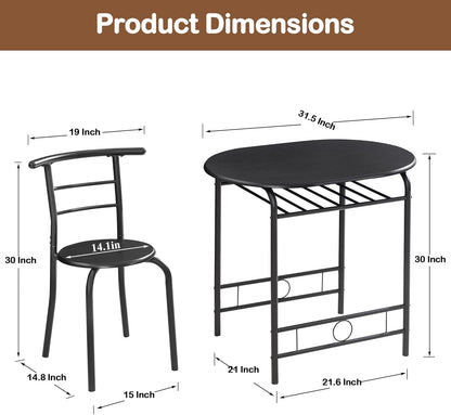 VECELO 3-Piece Dining Table Set for Kitchen Breakfast Nook, Wood Grain Oval Tabletop and Metal Frame with Built-in Wine Rack, for Small Spaces, Black