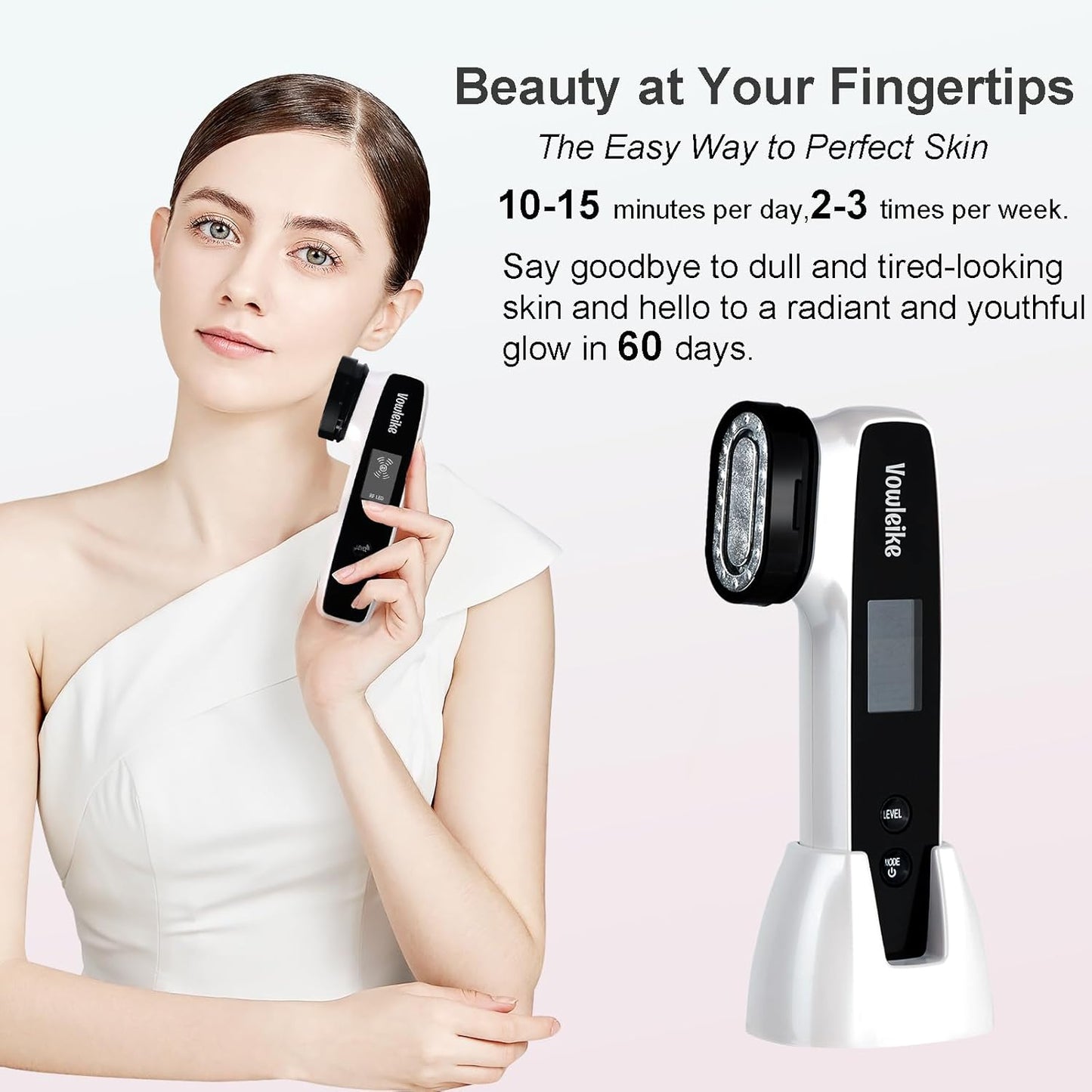 Microcurrent Facial Device, Vowleike 10 Key Benefits Skincare Face Massager with Stand, Rechargeable 6 in 1 Vibrating Facical Tool for Neck, Face and Body for Women, Ivory White