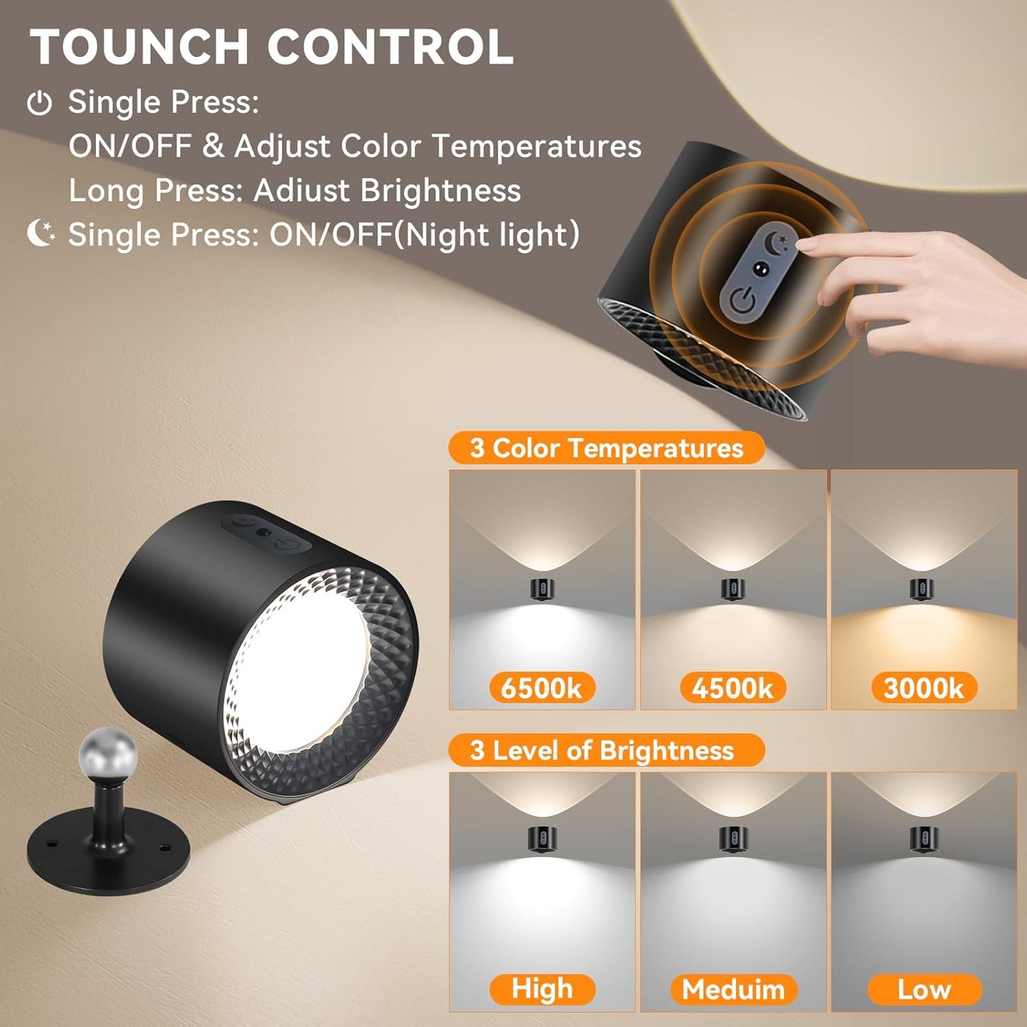 LED Wall Sconce 2pack,Double Side Light Battery Operated Wall lamp,Wall Mounted Lamp 3 Color Temperatures 3 Brightness Levels,360° Rotating Night Light for Bedroom (Black)