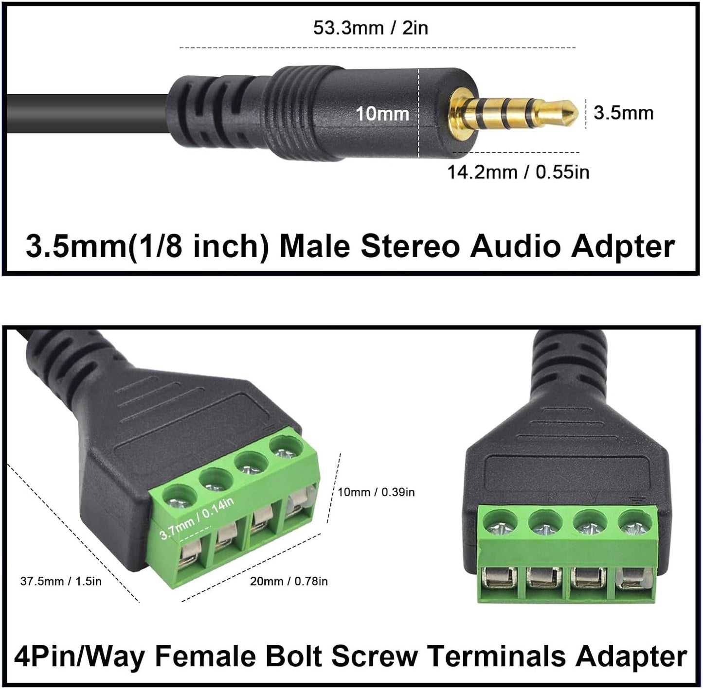 Poyiccot 3.5mm Speaker Wire Adapter, 3.5mm (1/8") 4 Pole Stereo TRRS Male Jack to AV 4 Screw Terminal Block Balun Connectors Cable 30cm (1/8inch/ 4pin)