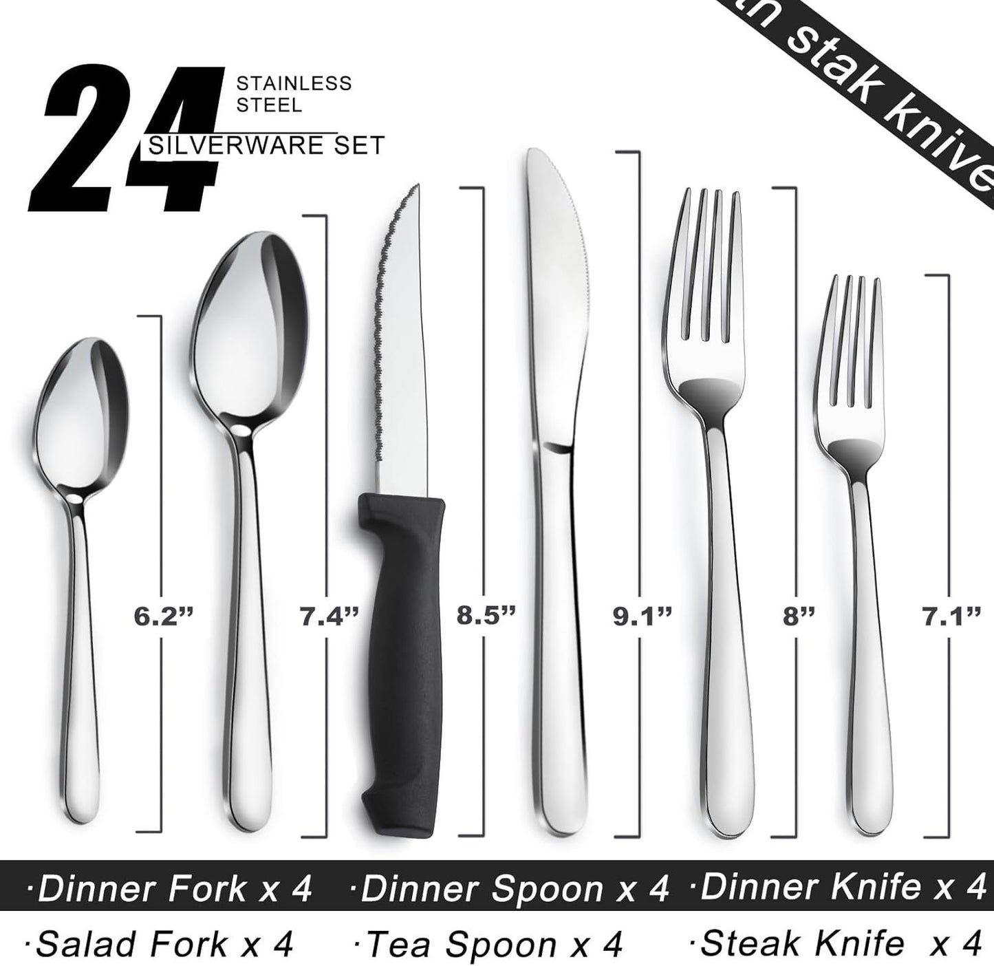 Pleafind 24-Pcs Silverware Set for 4, Flatware Set with Steak Knives, Stainless Steel Cutlery Set, Include Forks Spoons and Knives Set, Dishwasher Safe Utensil Sets for Home Restaurant