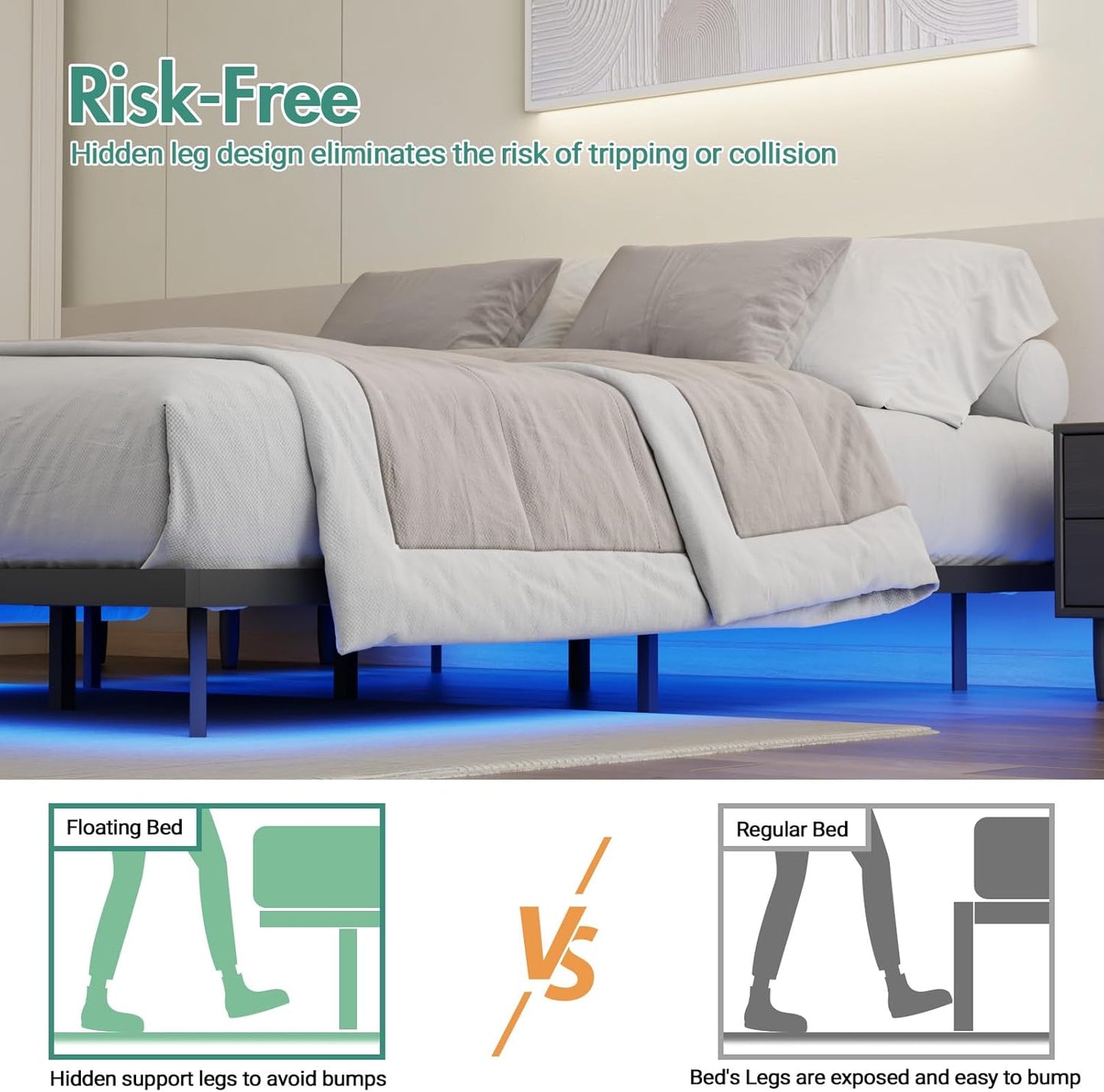 Ufurniture Floating Bed Frame Queen Size with LED Light, Metal Platform Queen Bed, No Box Spring Needed, Easy to Assemble