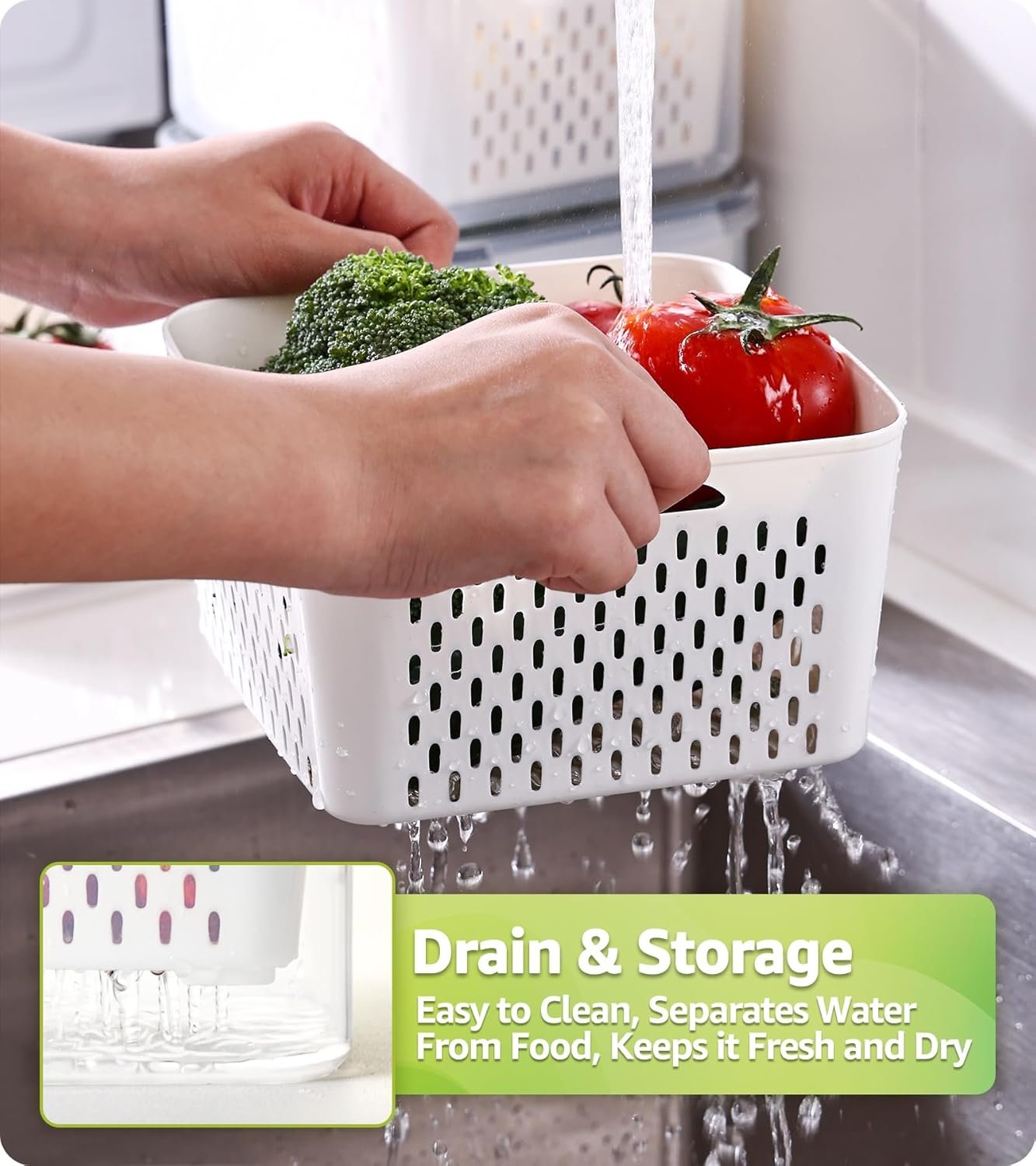 COCOYA 5-Pack Large Fruit Containers for Fridge, Leakproof Produce Storage Keeper with Removable Colander Food Grade BPA FREE Keep Vegetables Berry Veggies Lettuce Banana Meat Food Fresh Longer