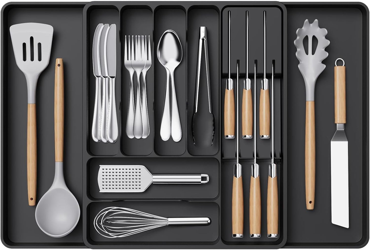 Lifewit Silverware Organizer for Kitchen Drawers, Expandable Utensil Tray with Removable Knife Block, Adjustable Cutlery and Flatware Holder, Plastic Spoon Forks Holder Storage Divider, Large, Black