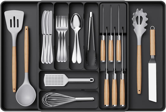 Lifewit Silverware Organizer for Kitchen Drawers, Expandable Utensil Tray with Removable Knife Block, Adjustable Cutlery and Flatware Holder, Plastic Spoon Forks Holder Storage Divider, Large, Black