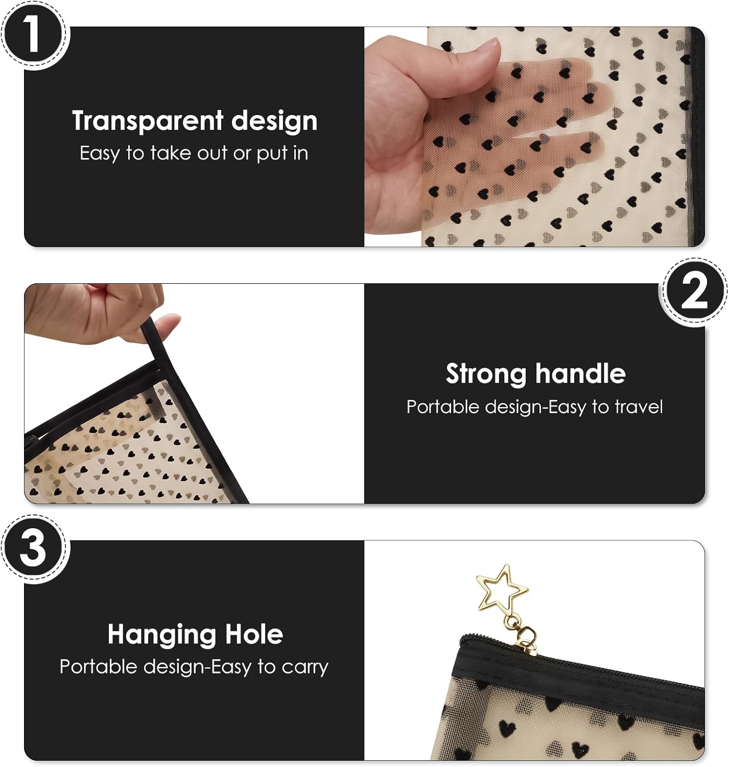 Adorila Mesh Makeup Bags, Heart Print Zipper Mesh Storage Pouch, Travel Cosmetic Accessories Organizer for Women, beige-set of 5