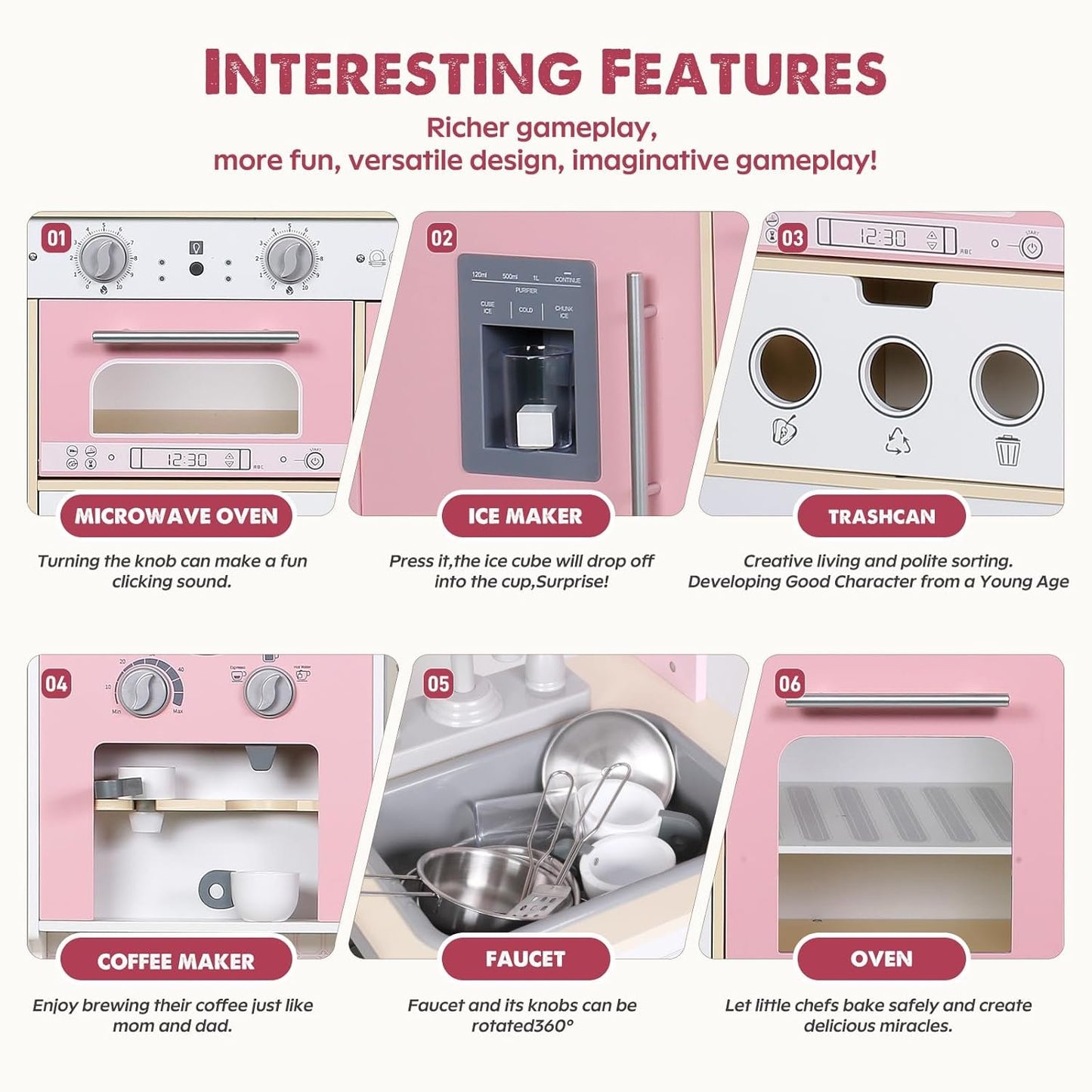 EDUBEBO Kids Kitchen playset, Wooden Play Kitchen, Height Adjustable, Comes with Various Kitchen Accessories, Ideal Role Play Toy Gift for Toddlers and Kids Ages 3-8 (Pink)