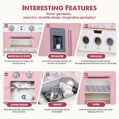 EDUBEBO Kids Kitchen playset, Wooden Play Kitchen, Height Adjustable, Comes with Various Kitchen Accessories, Ideal Role Play Toy Gift for Toddlers and Kids Ages 3-8 (Pink)