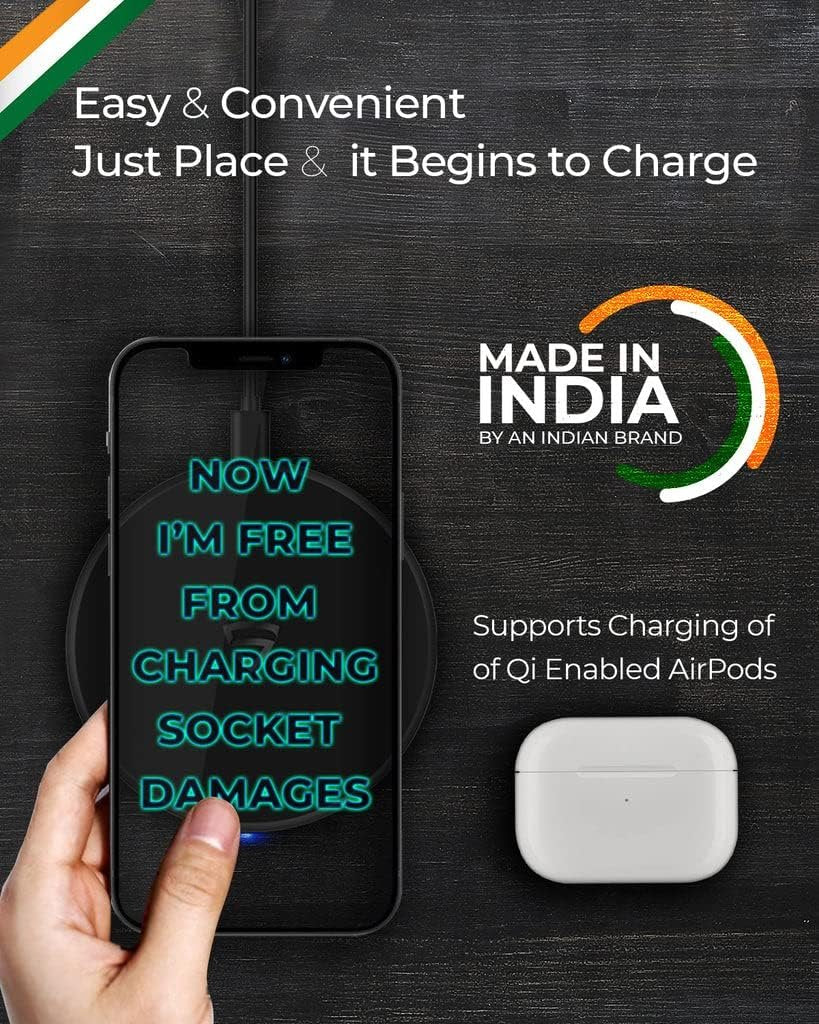 RAEGR Arc 400 Pro 15W Type-C PD | Made in India | Qi-Certified Wireless Charger with Fireproof ABS Compatible with iPhone 16/15/14/13 Series, Galaxy S25/S24/S23 Series, OnePlus 9/9 Pro -Matte Black