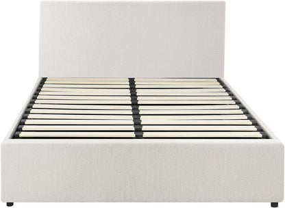 Oikiture Bed Frame Doubel Size Gas Lift Storage Base Boucle Fabric Material White