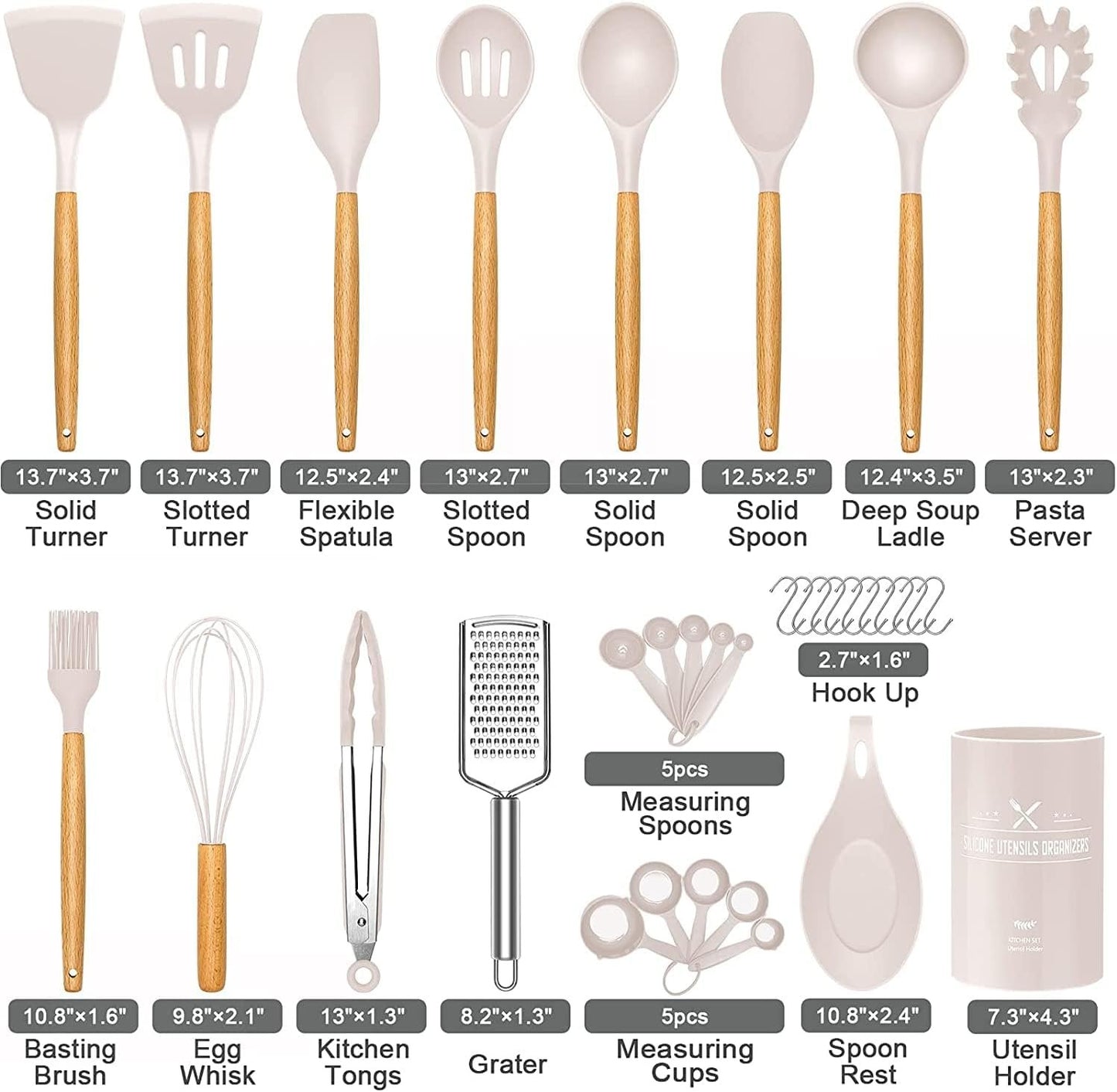 34 Pcs Silicone Kitchen Utensils Set Heat Resistant with High Quality Stainless Steel Handles for Cooking and Baking, Non-Stick Spatulas, Kitchen Utensils (Khaki)
