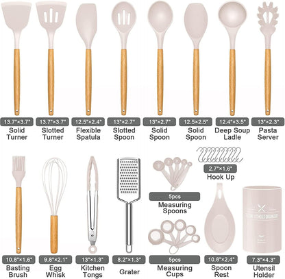 34 Pcs Silicone Kitchen Utensils Set Heat Resistant with High Quality Stainless Steel Handles for Cooking and Baking, Non-Stick Spatulas, Kitchen Utensils (Khaki)