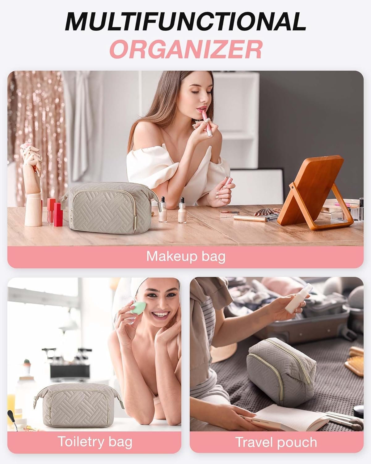BAGSMART Travel Makeup Bag, Cosmetic Bag Make Up Organizer Case,Large Wide-open Pouch for Women Purse for Toiletries Accessories Brushes, Tranquil Gray, Small