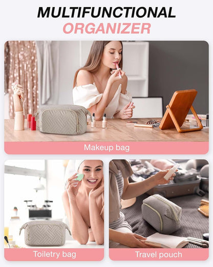 BAGSMART Travel Makeup Bag, Cosmetic Bag Make Up Organizer Case,Large Wide-open Pouch for Women Purse for Toiletries Accessories Brushes, Tranquil Gray, Small