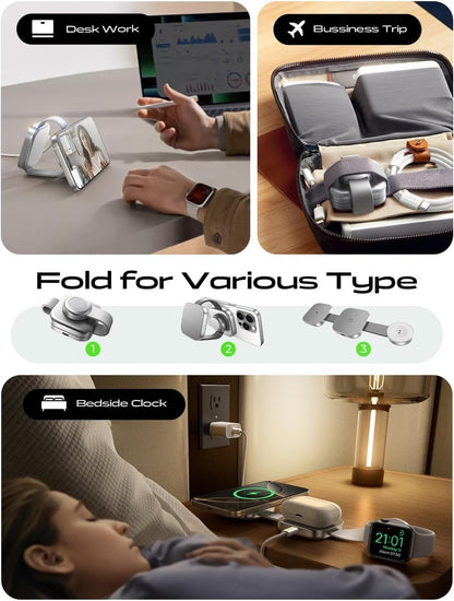 LISEN 3 in 1 for Magsafe iPhone Charger Travel Charger 3 in 1 Foldable Charging Station for iPhone and Apple Watch Charger Wireless Charging Station for iPhone 16 Pro Max 15 Plus iWatch Airpods Gift