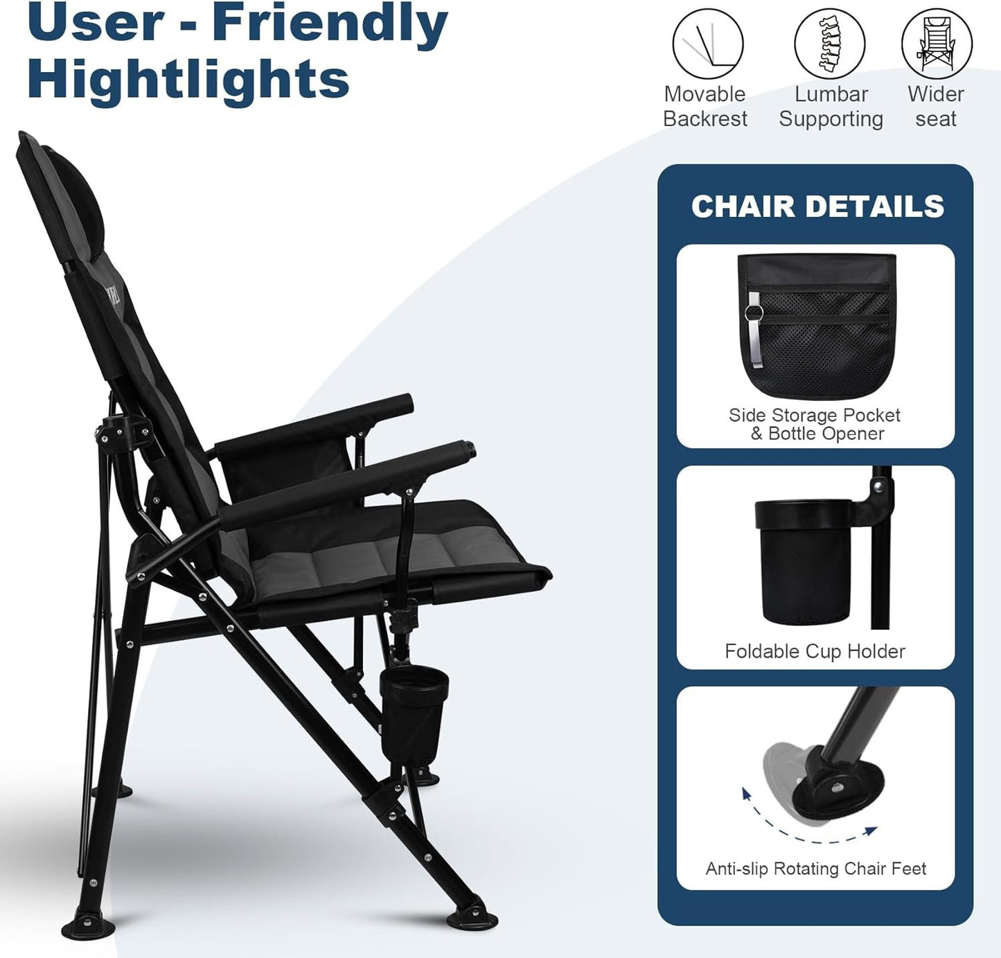 Superrella Movable Backrest Camping Chair for Adults with Cup Holder Folding Lawn Chairs for Outdoor Activities, Beach, Sports, Travel & Picnic, Black & Grey