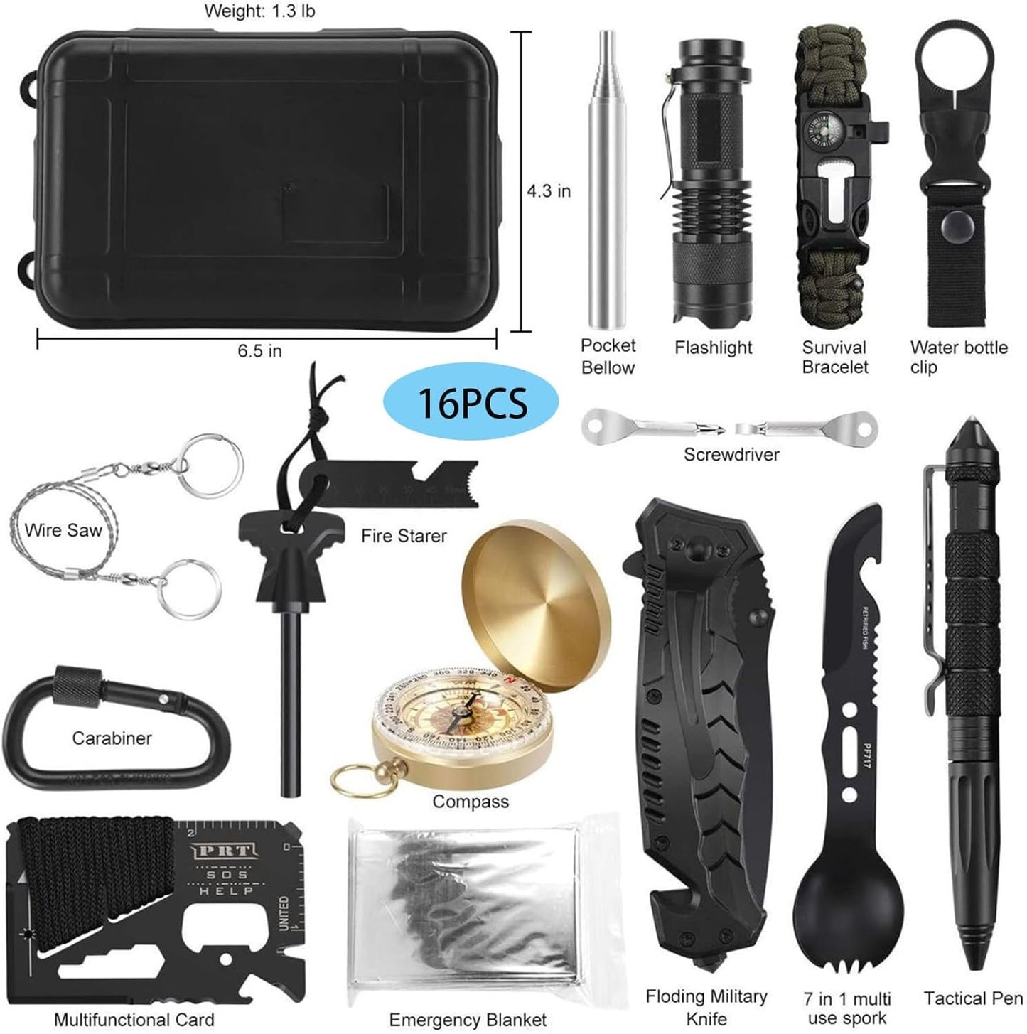 YELINTIAN 16 in 1 Survival Kit, Multi-Purpose Emergency Survival Kit,Multi-Tools Survival Gear and Equipment with Molle Pouch, Gifts for Dad Men Camping Hiking Outdoor Emergency