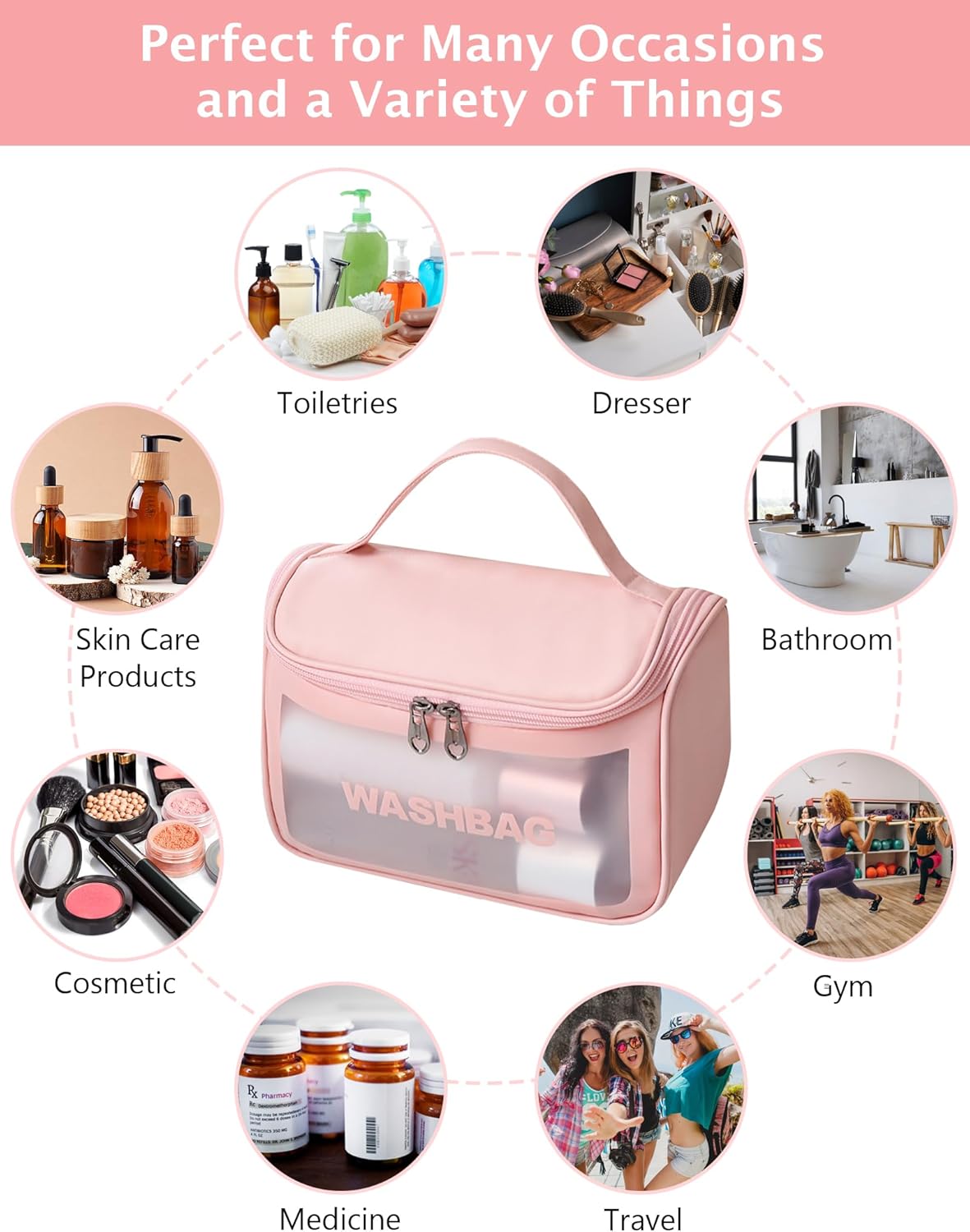 Travel Clear Makeup Bag, Portable Waterproof Cosmetic Organizer Case with Handle for Women, Essential Carry-on Travel Accessories for Toiletries and Brushes (White)