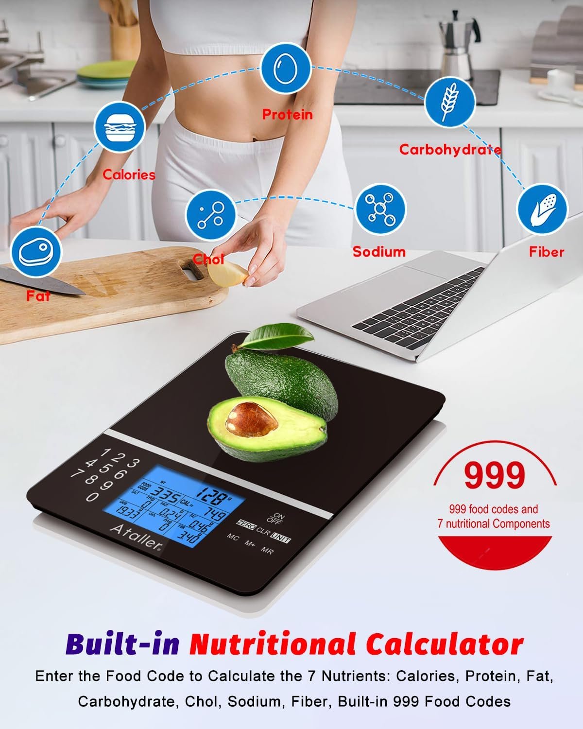 Ataller Food Scale with Nutritional Calculator, Kitchen Diet Scale, Digital Food Calorie Counting Scale for Meal Prep, Kitchen, Baking, Weight Loss, Resolution 1g, Max 5kg 11Ib, Tempered Glass, Black