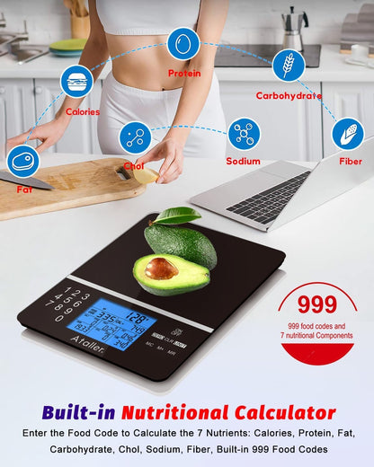 Ataller Food Scale with Nutritional Calculator, Kitchen Diet Scale, Digital Food Calorie Counting Scale for Meal Prep, Kitchen, Baking, Weight Loss, Resolution 1g, Max 5kg 11Ib, Tempered Glass, Black