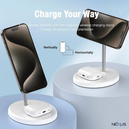 NEXUS NexusMag Wireless Charger, 15W Fast Charge, 2 in 1 MagSafe Charging Stand, Lightweight, Compatible with iPhone 16/15/14/13/AirPods Pro/Galaxy S25 Ultra/Pixel 9 Pro (No AC Adapter)
