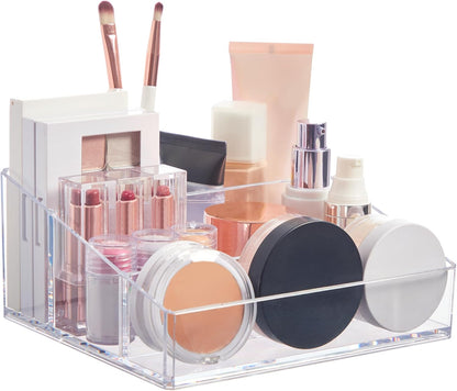 STORi Clear Plastic Vanity Makeup Organizer | Compact Rectangular 4-Compartment Holder for Brushes, Eyeshadow Palettes, & Beauty Supplies | Made in USA
