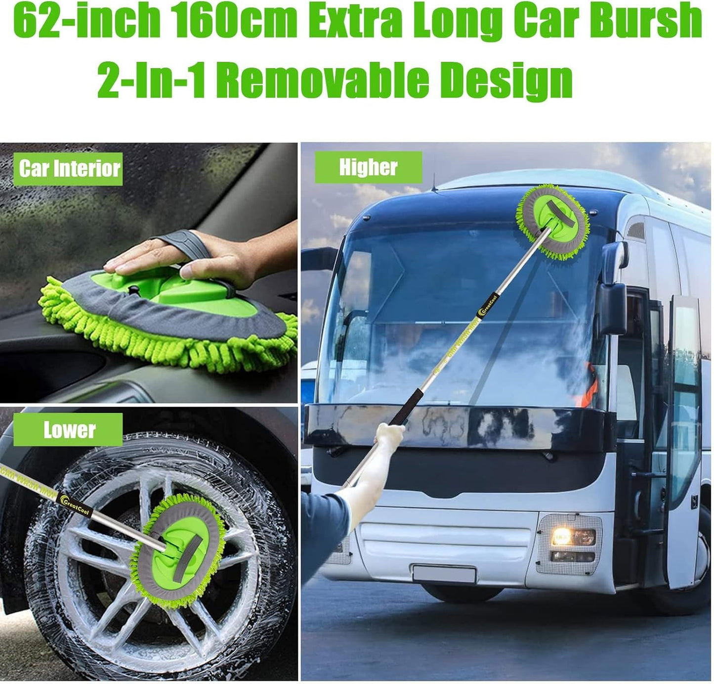 GreatCool 160cm Long Handle Car Wash Cleaning Brush, 2 in 1 Microfiber Car Wash Brush Glove Kit for Car Van Truck SUV No Damage Paint (2 x Mop Heads)