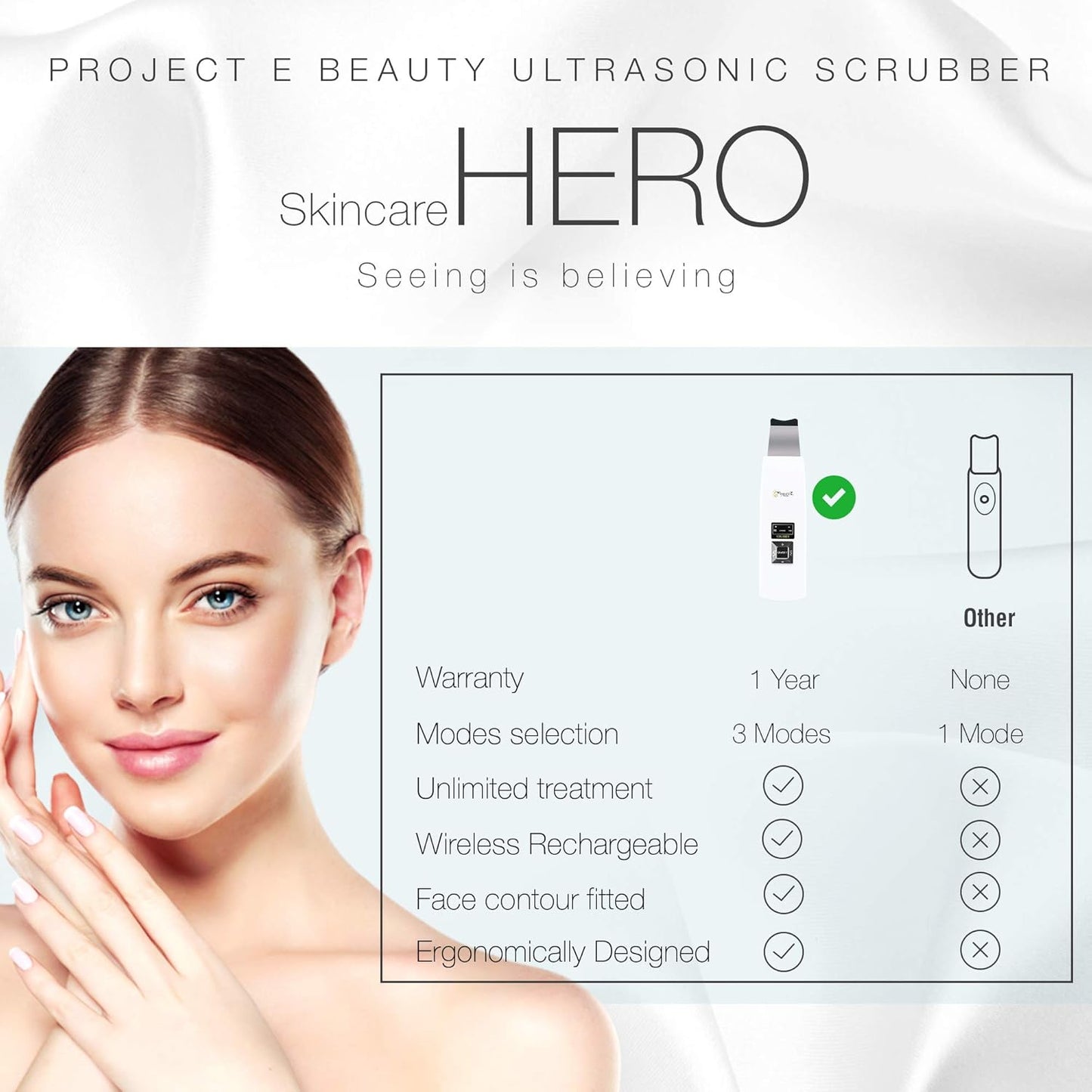 Wireless Ultrasonic Skin Care Scrubber by Project E Beauty | Skin Spatula | Gentle Exfoliation | Removes Blackheads | Deep Pore Cleansing | Dead Skin Remover | Smoother Complexion