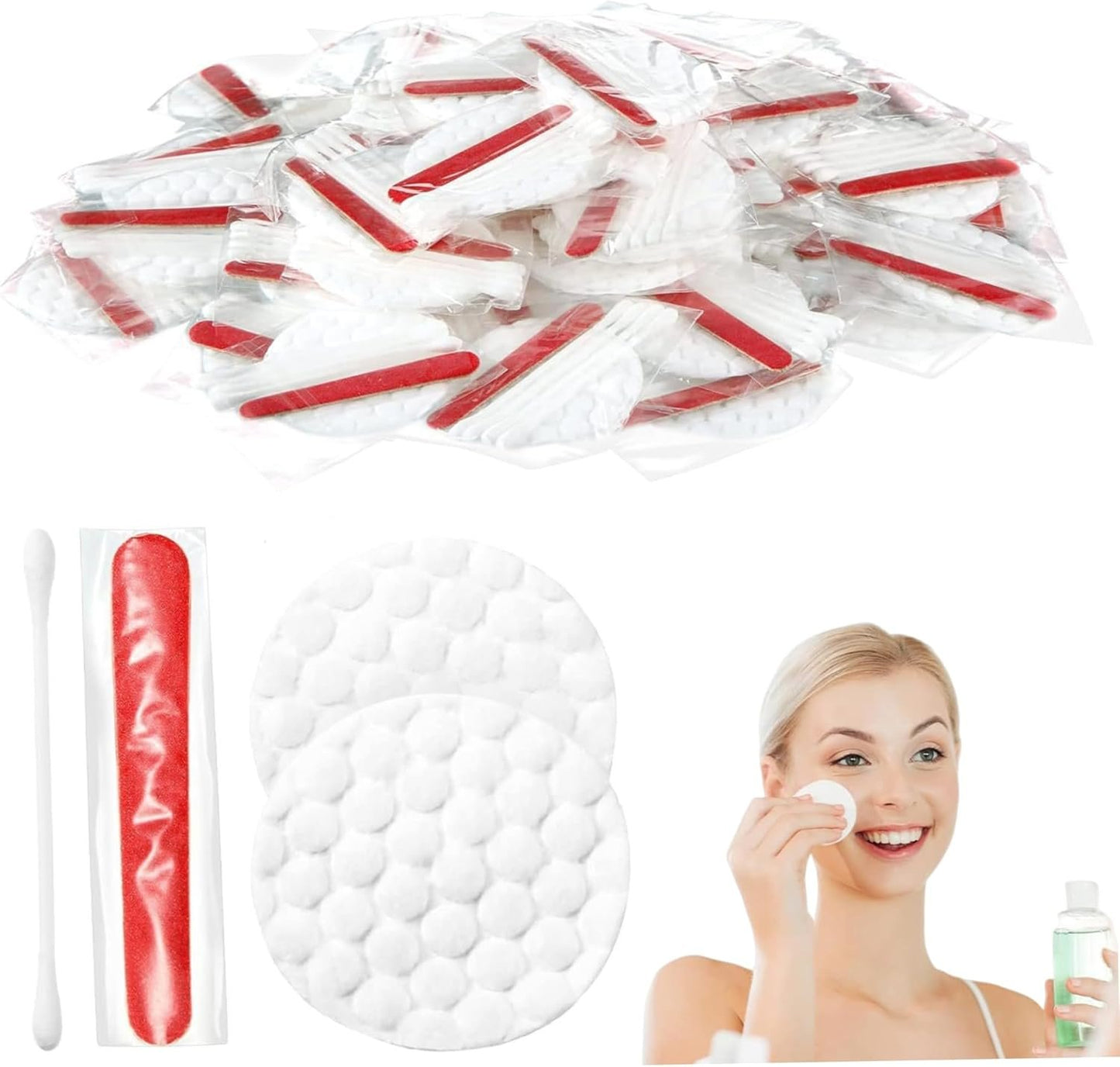 100Pcs Hotel Vanity Set, Individually Wrapped Hotel Amenities Bulk, Disposable Hygiene Kit with Cotton Pads, Cotton Swabs, Nail File for Hotels Makeup Toiletries,Bulk Travel Size Toiletries