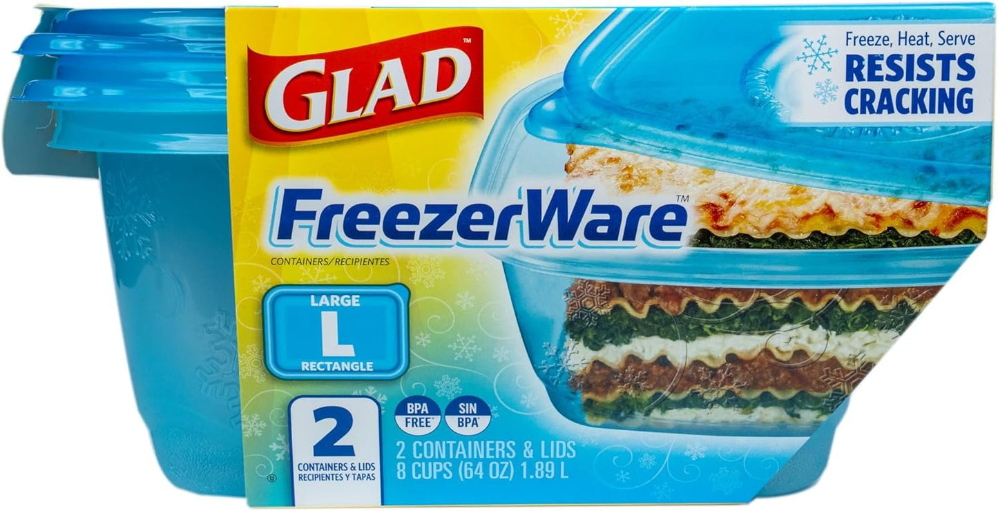 Gladware Freezerware Food Storage Containers, Large | Rectangle Food Storage Containers for Everyday Use | Food Containers Safe for Freezer, Hold up to 64 Ounces of Food, 2 Count Set