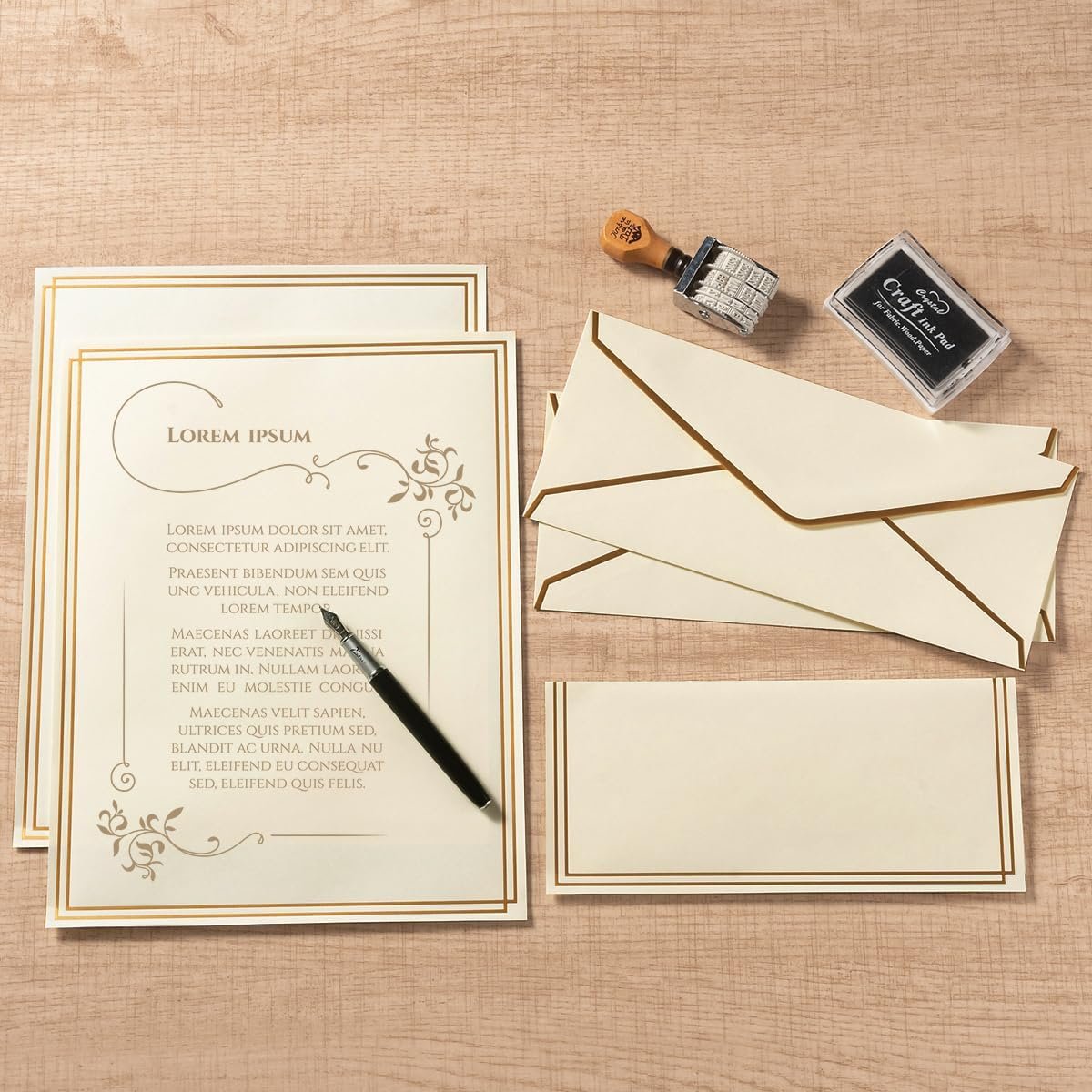 Topeen 50 Pack Stationery Set with Gold Border, #10 Business Envelopes and 8.5x11 Paper Sheets and Stickers for Writing Letters (Cream Color, 8.5x11 Inches)