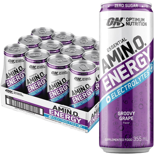 OPTIMUM NUTRITION Amino Energy + Electrolytes Sparkling Hydration Drink, Grape Flavour, 355ml, 12 Pack